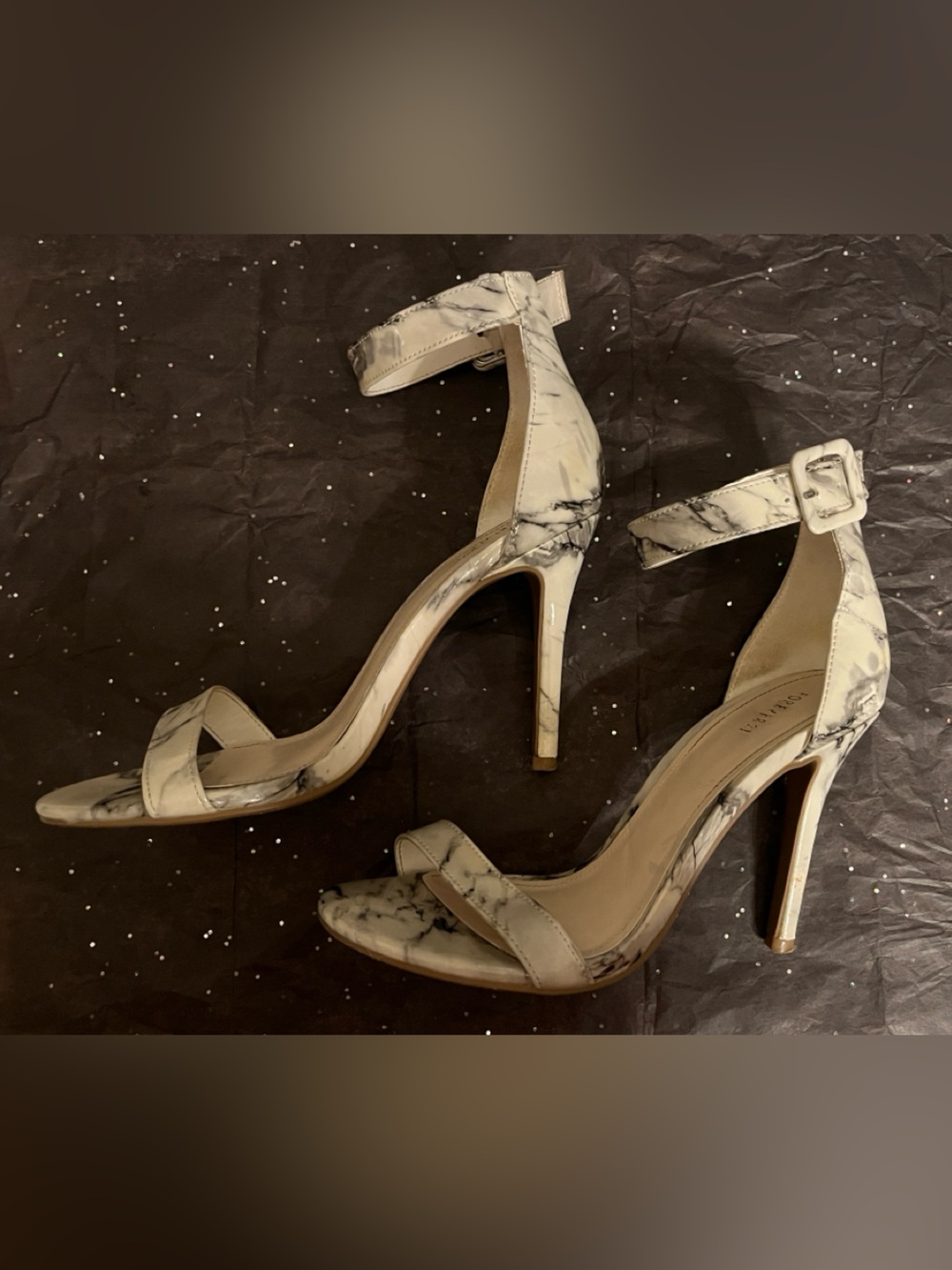 Forever 21 Marble-Print Ankle-Strap Stiletto Heels - White with Gray Veining